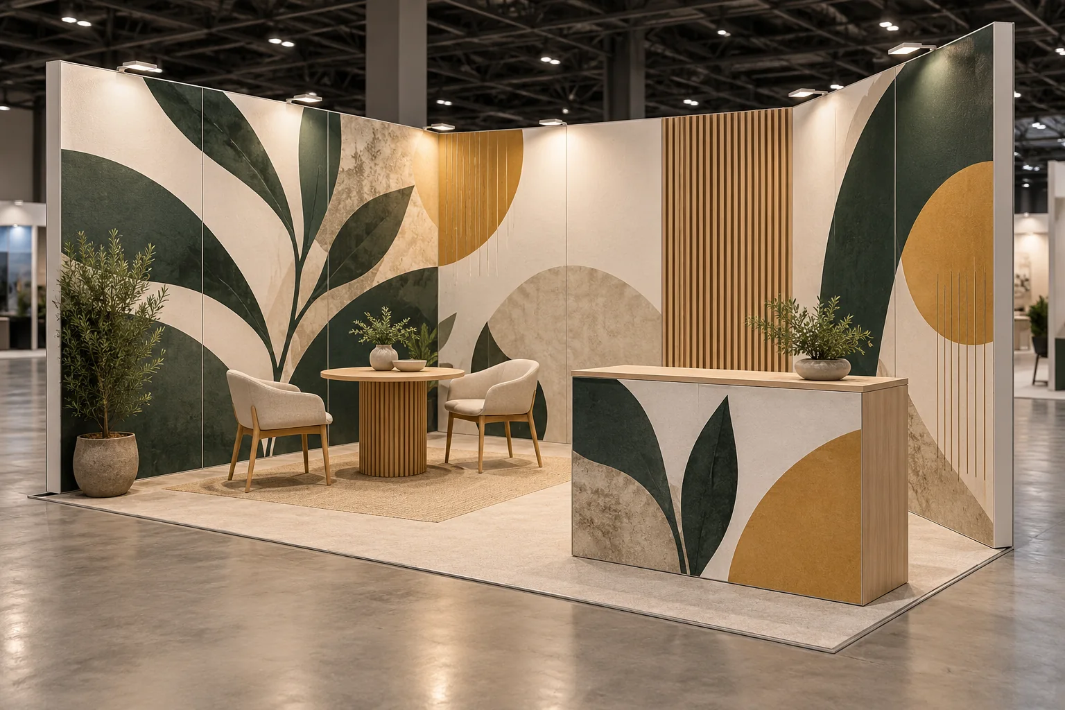 Illustrative exhibition booth with printed wall and panel graphics — design concept