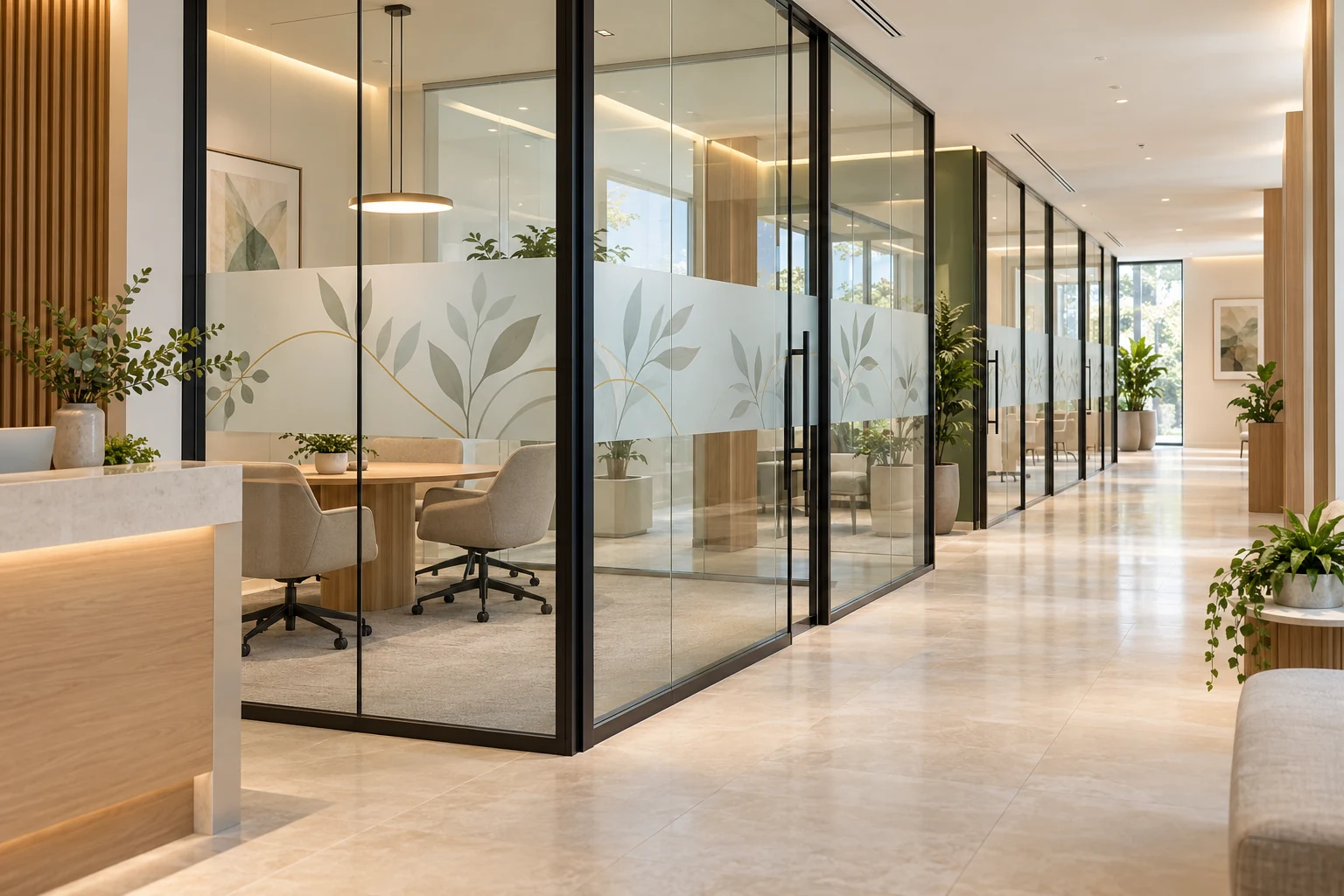 Illustrative commercial glazing with a decorative privacy-film pattern — design concept