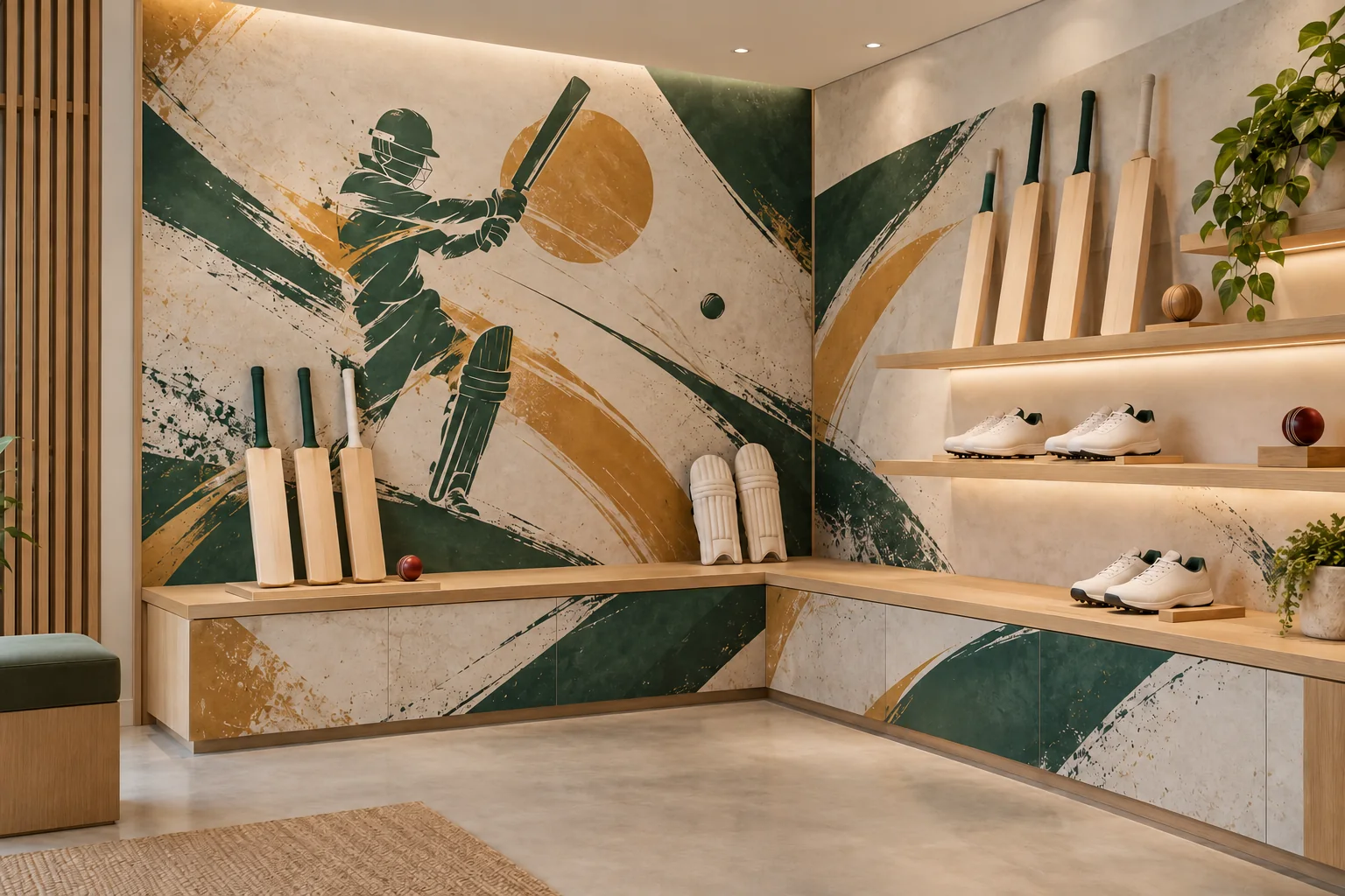 Illustrative unbranded sports-product dealer display with printed graphic panels — design concept