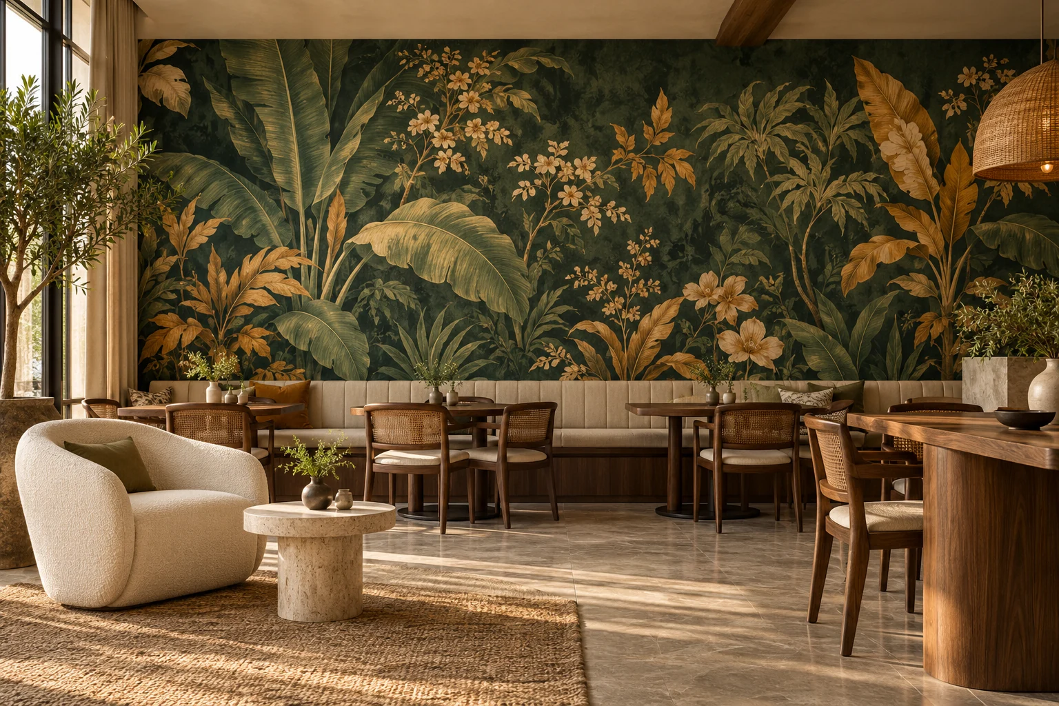 Concept visual: contemporary café with a botanical printed feature wall