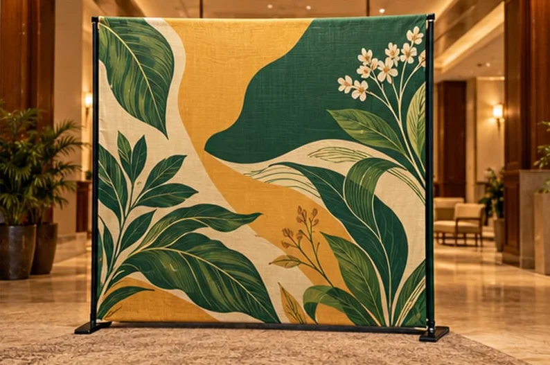 Illustrative concept showing fabric display prints, not an installed customer project