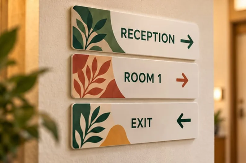 Illustrative concept showing indoor wayfinding prints, not an installed customer project