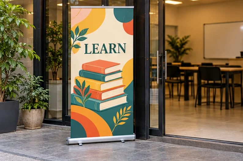 Illustrative concept showing roll-up standee prints, not an installed customer project