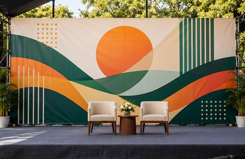 Illustrative concept showing stage & event banners, not an installed customer project