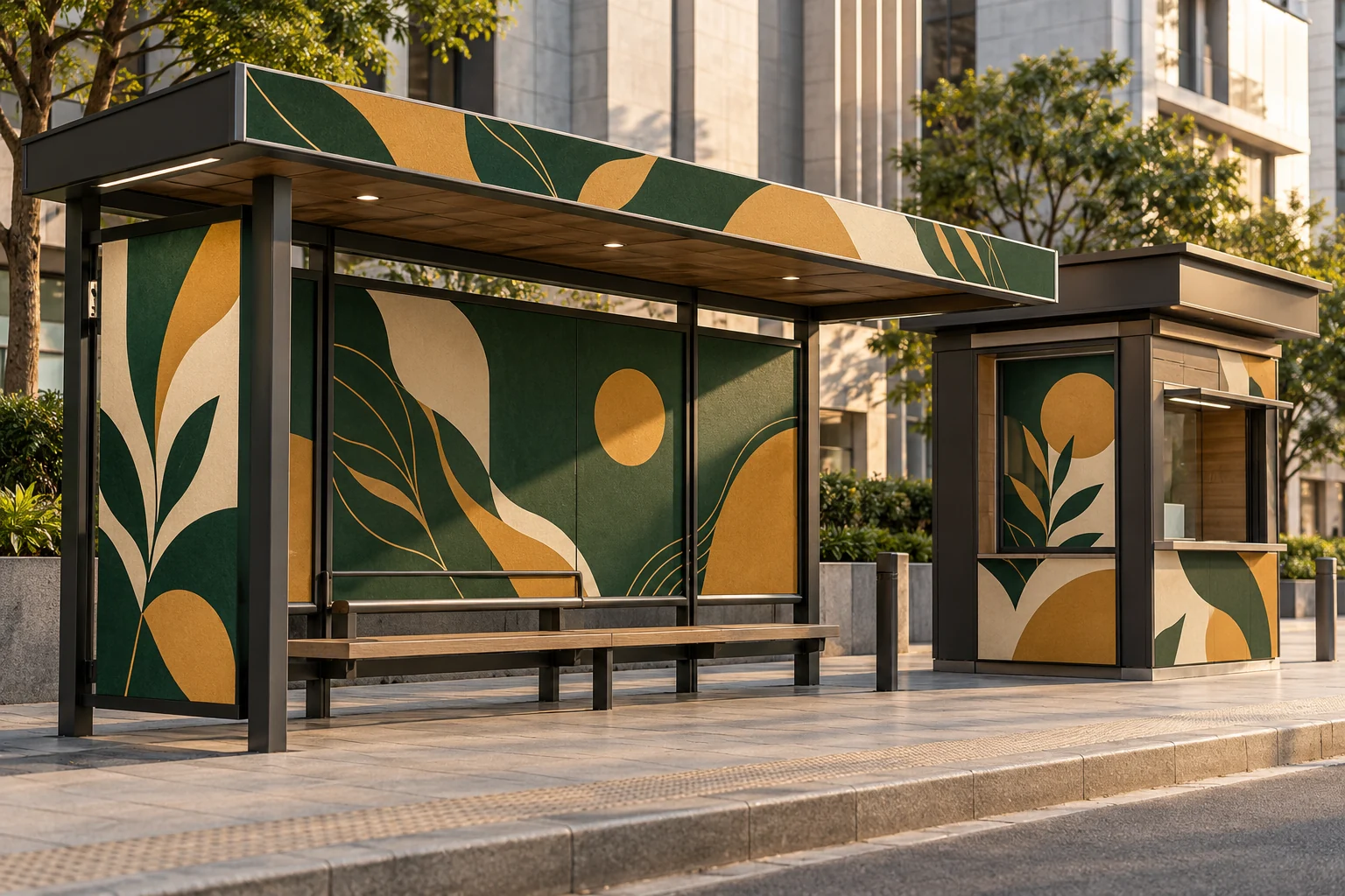 Illustrative roadside commercial wayfinding and shelter-fascia graphics, shown as a design concept — design concept